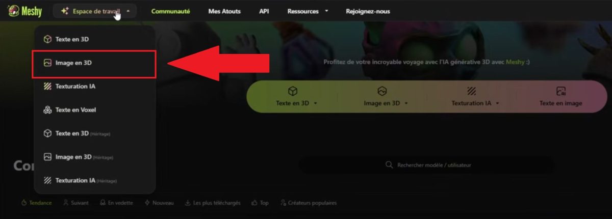 La opción «Imagen en 3D» en el espacio de trabajo de Meshy AI.