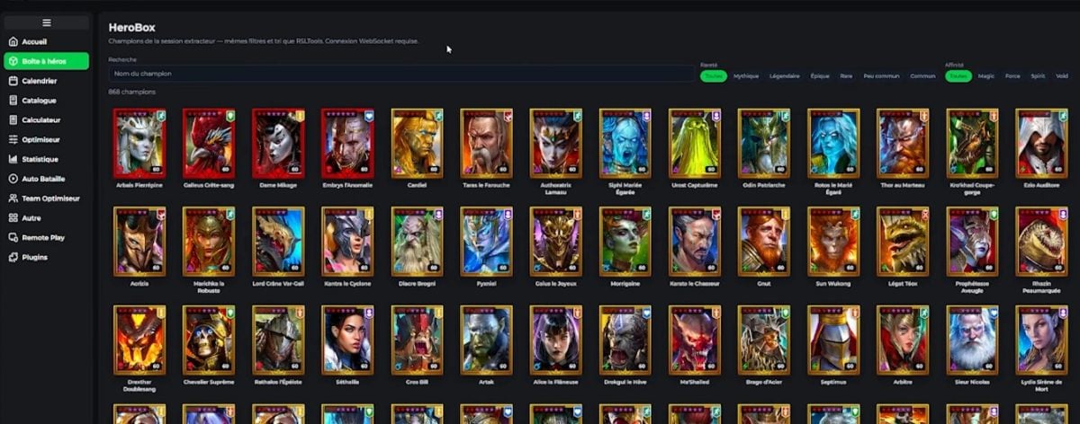 ヒーローボックス RSLTools：Raid Shadow Legendsのチャンピオン全コレクションと共有ボタン付き
