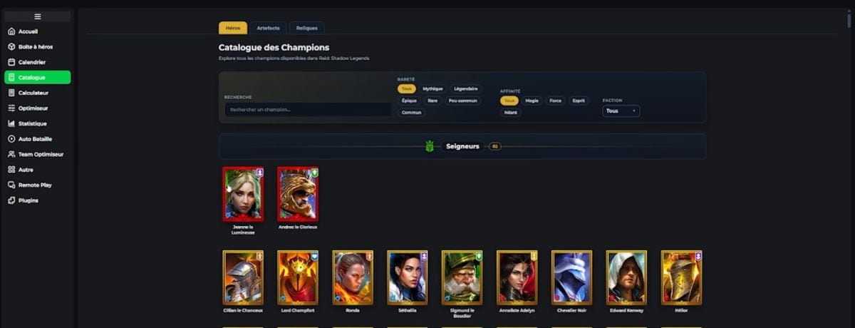 RSLTools カタログ：Raid Shadow Legendsのチャンピオン、アーティファクト、レリックの詳細情報