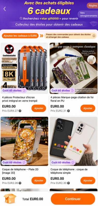 Captura de ecrã que mostra a seleção de artigos a 0 € na aplicação Temu.