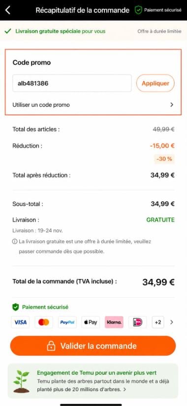 Desconto 30% aplicado ao cesto de compras Temu de um novo utilizador.