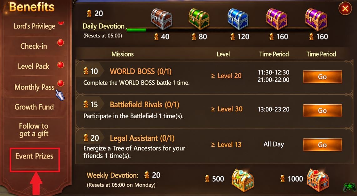 《Wartune Ultra》游戏中的“活动奖励”标签页