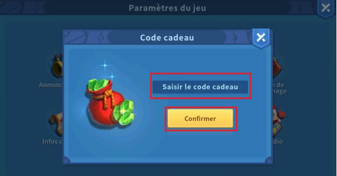 Le bouton pour saisir et valider les codes sur Infinity Kingdom