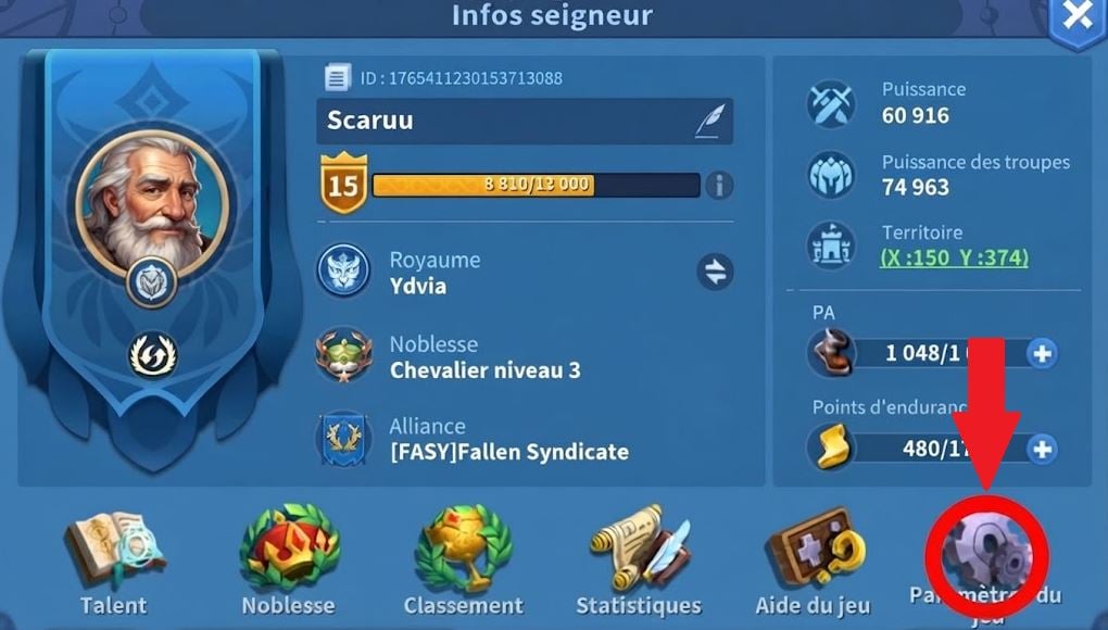 Paramètres sur Infinity Kingdom