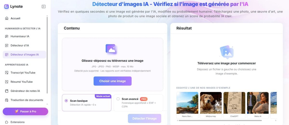 Déposer-glisser une photo sur Lynote pour détecter l'IA. 