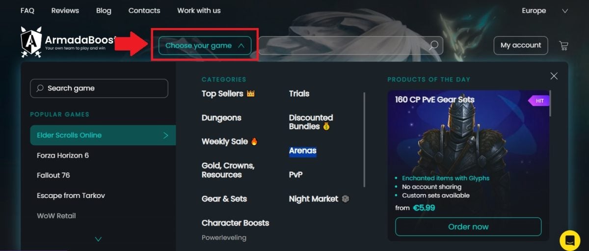 Haz clic en «CHOOSE YOUR GAME» para descubrir los diferentes juegos y servicios que se ofrecen 