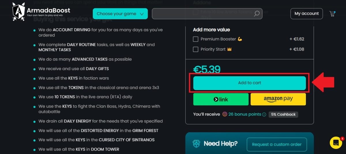 Haz clic en «ADD TO CART» para añadir el servicio a tu cesta