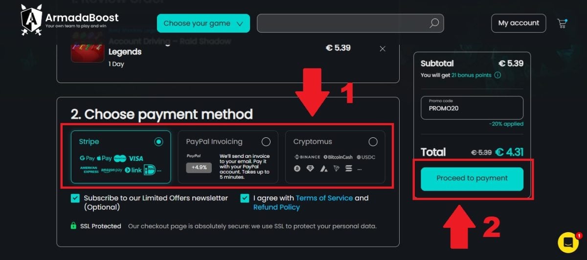 Elige tu forma de pago y, a continuación, haz clic en «PROCEED TO PAYMENT» para confirmar tu pedido