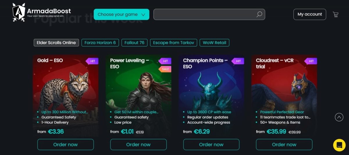 Los precios de ArmadaBoost aparecen directamente en las fichas de los distintos juegos y servicios.
