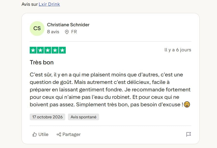 Commentaire de Christiane Schnider sur Trustpilot sur LXIR.