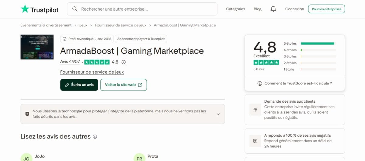 ArmadaBoost est noté 4,8 étoiles sur Trustpilot avec presque 5000 commentaires