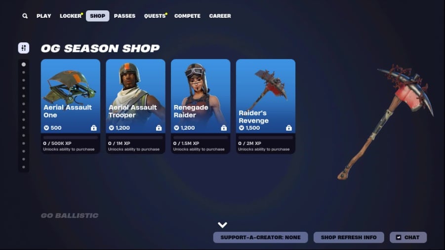 Resumen de la tienda OG Season con el skin emblemático «Renegade Raider».