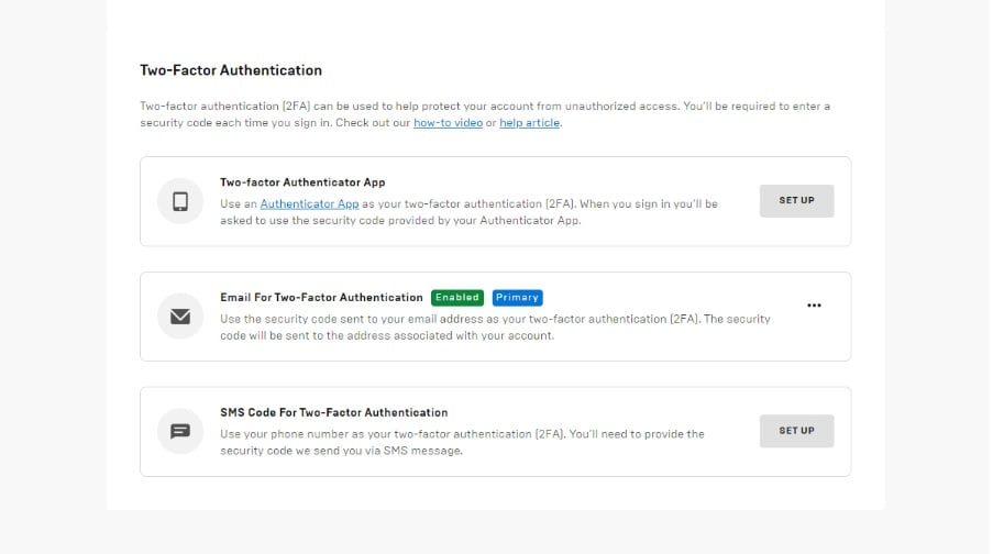 Interfaz de configuración de las opciones de seguridad y de la autenticación de dos factores (2FA).